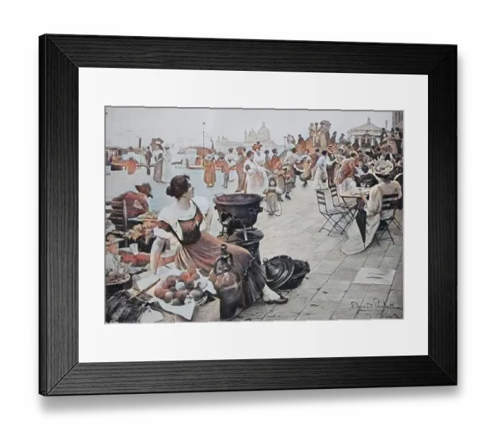 Framed Print : Market and street cafe on the riva degli schiavoni in Venice
