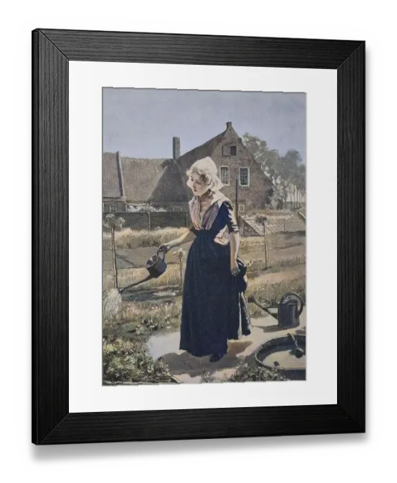 Framed Print : Girl Watering in the House Garden Framed Print : Girl Watering in the House Garden