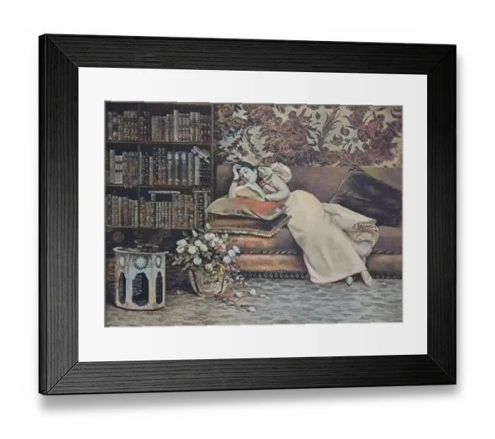 Framed Print : Woman reading in the library, 1880