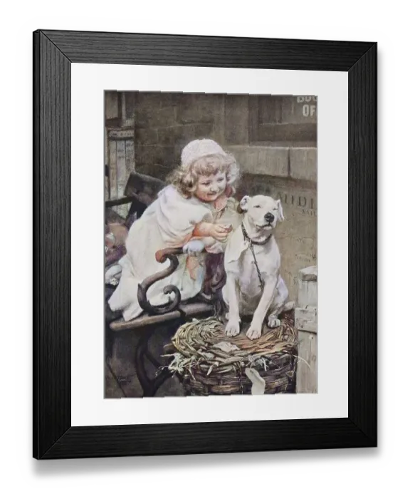 Framed Print : Little Girl Gives a Biscuit to the House Dog