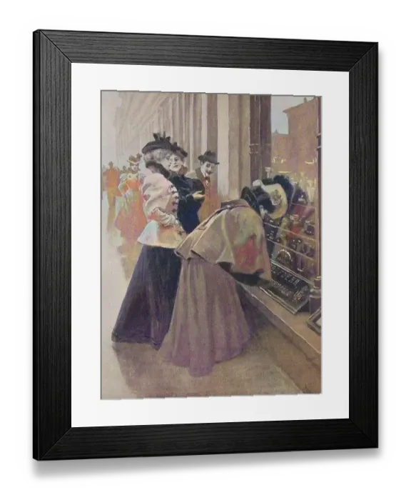 Framed Print : Women standing in front of a jeweller's shop window looking for Christmas presents