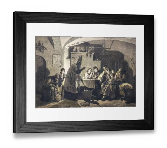 Framed Print : St. Nicholas visits the family and asks the child if he is well and he can give him nuts