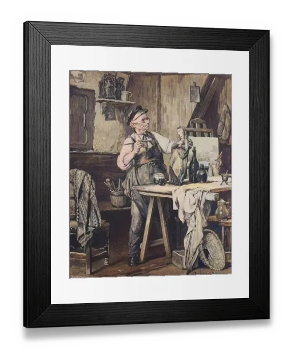 Framed Print : The artist paints a carved Madonna in his workshop