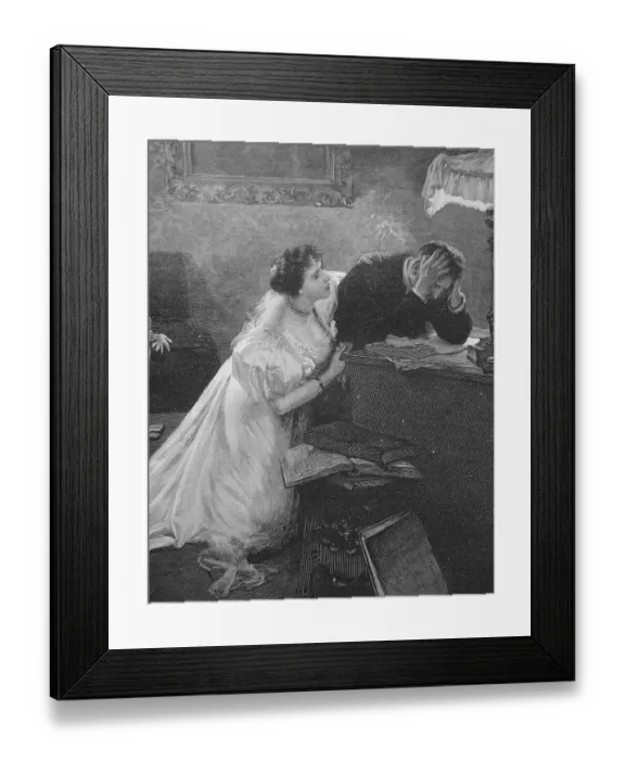 Framed Print : Woman comforting her man after his bankruptcy Framed Print : Woman comforting her man after his bankruptcy