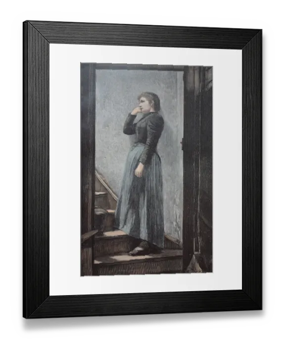 Framed Print : Sad woman standing on the stairs Framed Print : Sad woman standing on the stairs