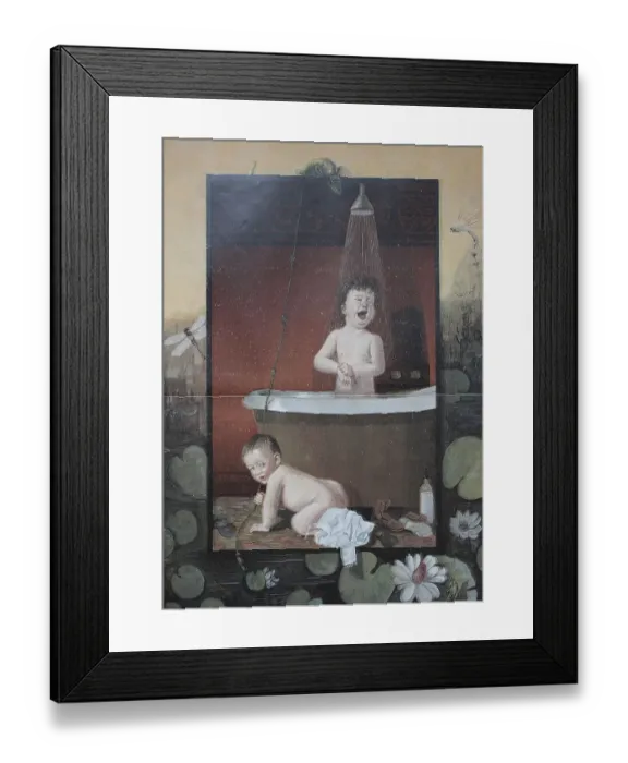 Framed Print : Children bathing, cold shower, children's prank Framed Print : Children bathing, cold shower, children's prank