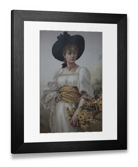 Framed Print : Young woman in Sunday dress, with hat and a basket of flowers
