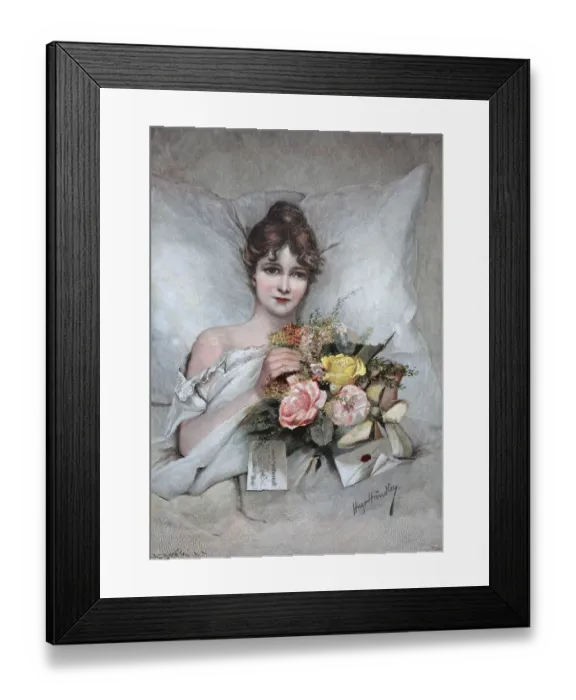 Framed Print : Young woman with a bouquet of flowers