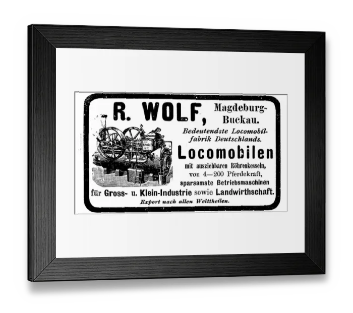 Framed Print : Advertisement of the Wolf company for locomobiles and farm machinery