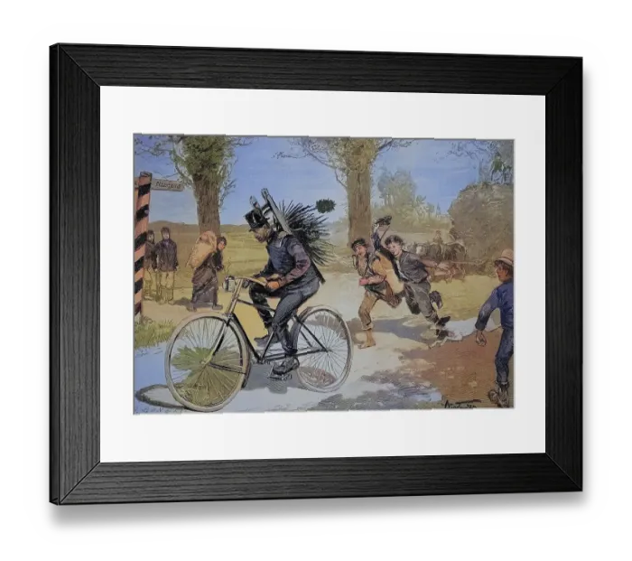 Framed Print : Chimney sweep on a bicycle, Historic Framed Print : Chimney sweep on a bicycle, Historic