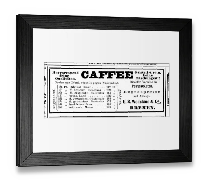 Framed Print : Advertisement for coffee, Wedekind company Framed Print : Advertisement for coffee, Wedekind company