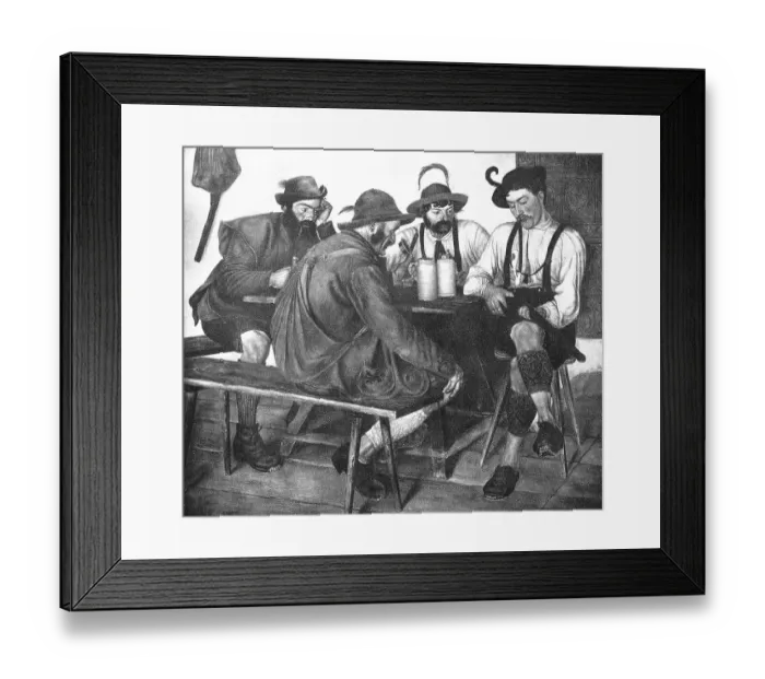 Framed Print : The New Socket, Hunter presents his new hunting rifle to his hunting companions in the inn