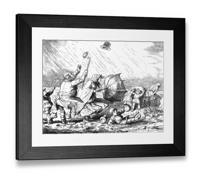Framed Print : Windy country party, the company caught in a storm while walking