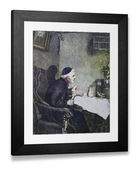 Framed Print : Priest sitting at the table and has caught a bird picking up the cake crumbs