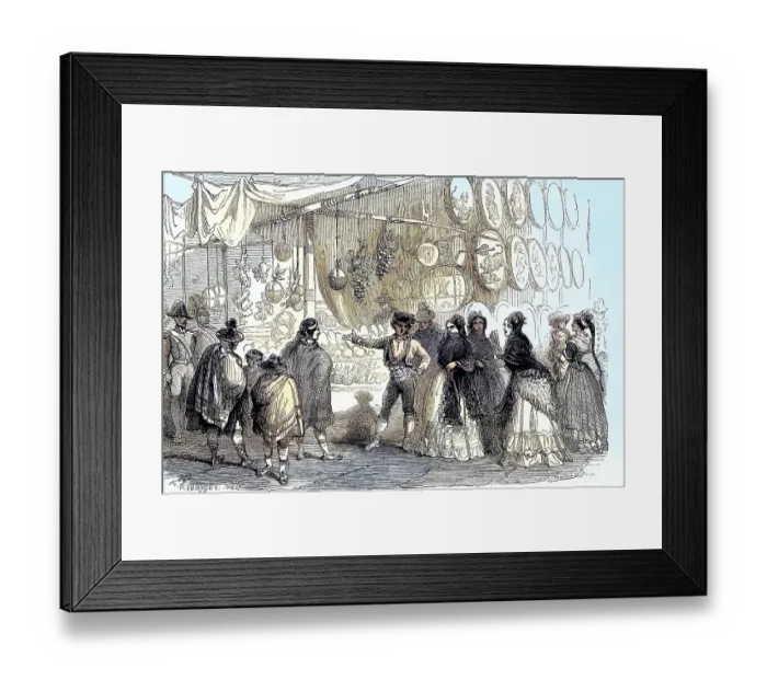 Framed Print : Fruit merchants and nougat traders at Christmas 1880 on the Plaza Mayor in Madrid