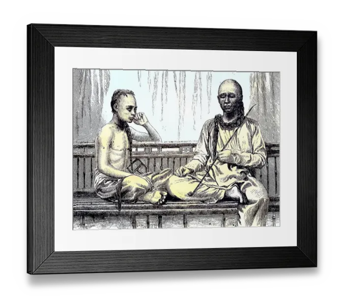 Framed Print : Buddhist priest and young Siamese with a long braid around 1880 Framed Print : Buddhist priest and young Siamese with a long braid around 1880