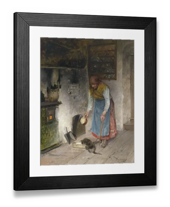 Framed Print : Milk for the cat, old farmer's woman giving milk to her cat