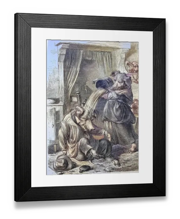 Framed Print : Humour, the drunken husband, Mrs Pig pours a gush of water over the head of the drunken boar Framed Print : Humour, the drunken husband, Mrs Pig pours a gush of water over the head of the drunken boar