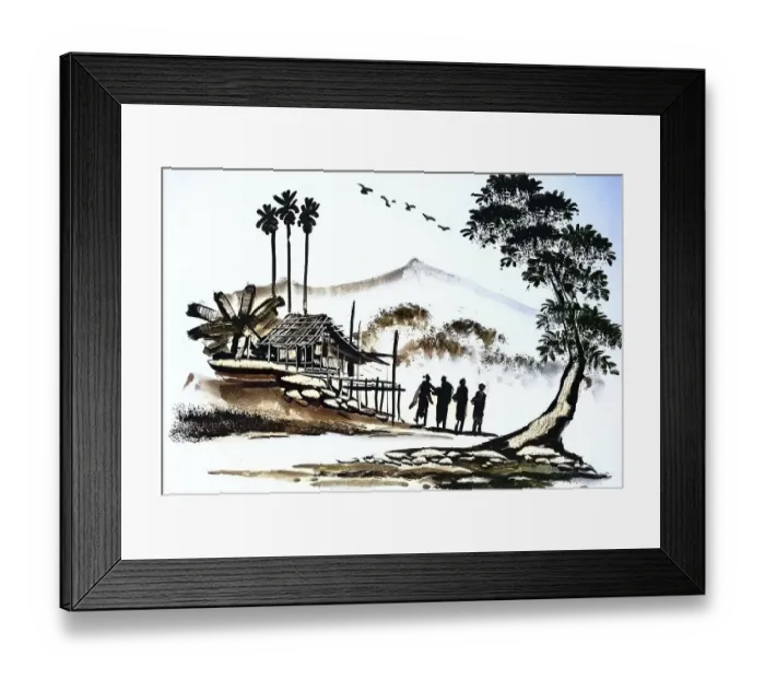 Framed Print : Hut, Tree, Four People, Historical Landscape in Southeast Asia