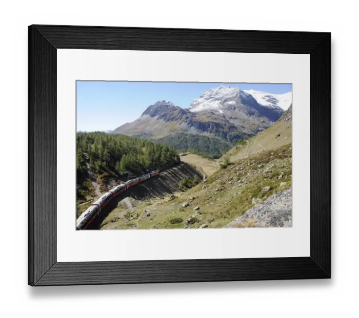 Framed Print : The Bernina Express runs from Pontresina via Bernina-Hospitz to Alp Gruem and on to Puschlav
