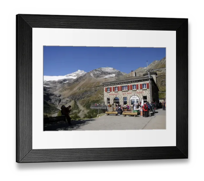 Framed Print : Mountain restaurant and Bernina Express Station Alp Gruem