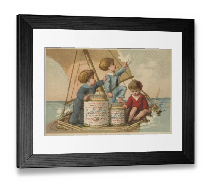 Framed Print : Series Genre Pictures 2 (1873 to 1878) (Paris) Shipwrecked children on a makeshift raft with a Liebig glass
