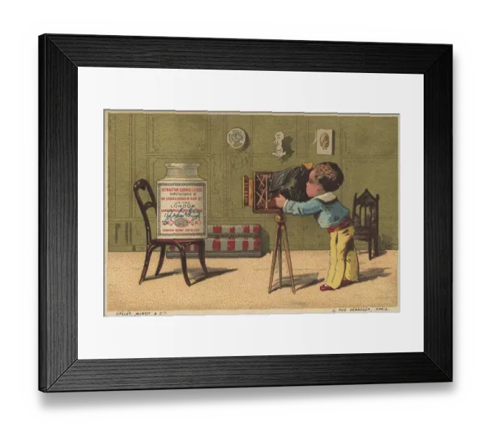 Framed Print : Series Genrebilder 3 (1873 to 1878) (Paris) Child with a plate camera photographing a Liebig glass