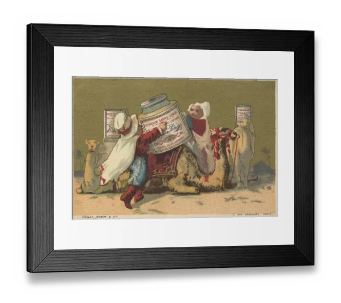 Framed Print : Series Genrebilder 3 (1873 to 1878) (Paris) Children transporting Liebig glasses on camels in the Egyptian desert Framed Print : Series Genrebilder 3 (1873 to 1878) (Paris) Children transporting Liebig glasses on camels in the Egyptian desert