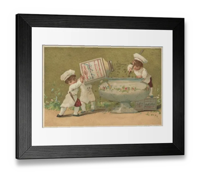 Framed Print : Series Genrebilder 4 (1873 to 1878) (Paris) Young cooks with a Liebig glass and preparing soup from extract Framed Print : Series Genrebilder 4 (1873 to 1878) (Paris) Young cooks with a Liebig glass and preparing soup from extract