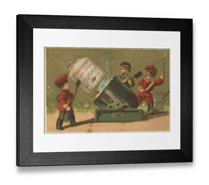 Framed Print : Series Genrebilder 5 (1873 to 1878) (Paris) a Liebig glass as a cannonball with youthful gunners