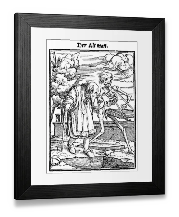 Framed Print : Der Altman, Holzschnitt aus dem Totentanz von Hans Holbein der Juengere