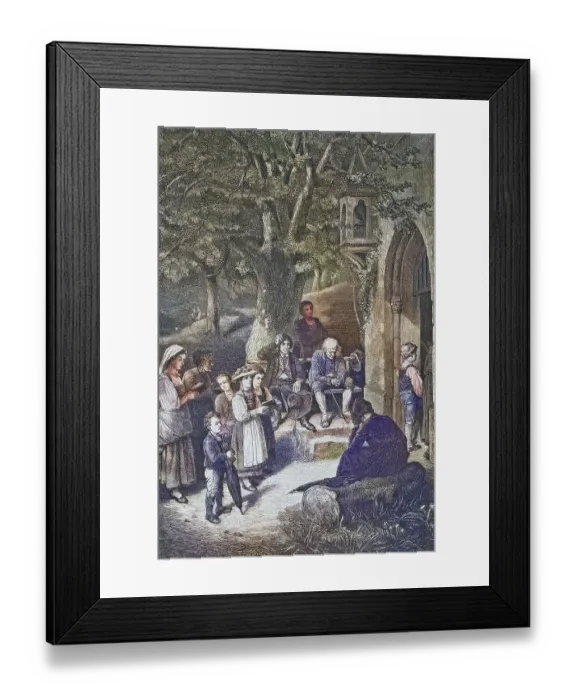 Framed Print : Biblical story, people in Sunday traditional costume going to church