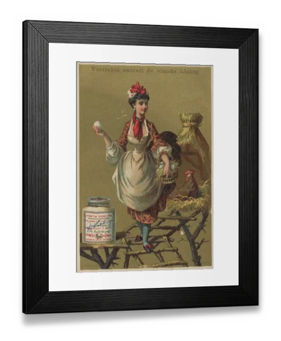 Framed Print : Picture series Birds 2, Chicken and a woman with a basket of eggs Framed Print : Picture series Birds 2, Chicken and a woman with a basket of eggs