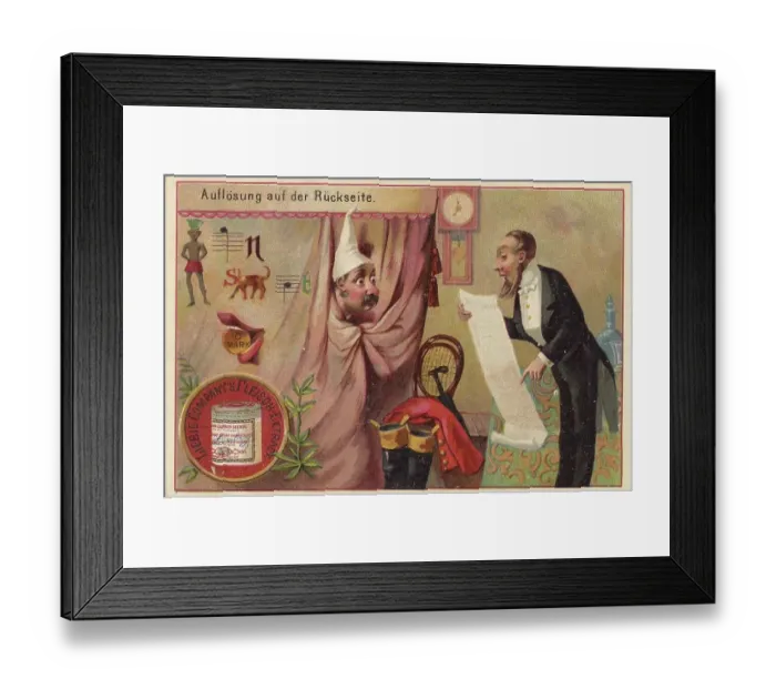 Framed Print : Picture series Riddles, Man with a long list stands in front of a curtain behind which someone is changing clothes