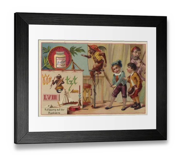 Framed Print : Picture series Riddles, children play with a monkey in the circus and pull it by the tail