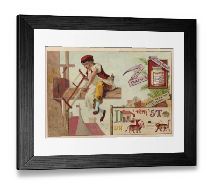 Framed Print : Picture series Riddle, young carpenter sawing at the beam on which he himself is sitting