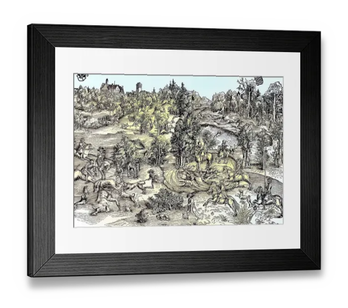 Framed Print : Stag Hunt in the Landscape, a woodcut by Lukas Cranach Framed Print : Stag Hunt in the Landscape, a woodcut by Lukas Cranach