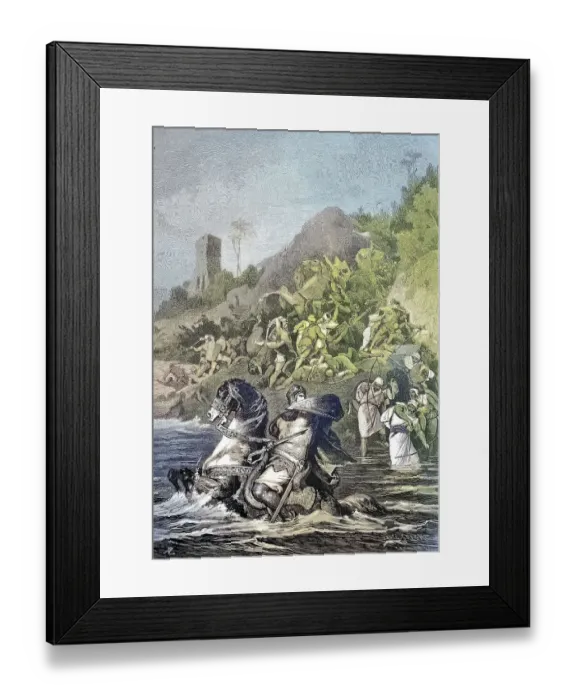 Framed Print : Emperor Otto II swims across the sea to escape on a ship after the defeat at Cotrone