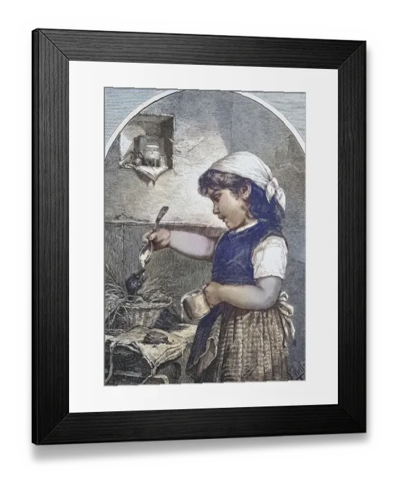 Framed Print : The Foundling. Girl feeding a young bird sitting in the nest Framed Print : The Foundling. Girl feeding a young bird sitting in the nest
