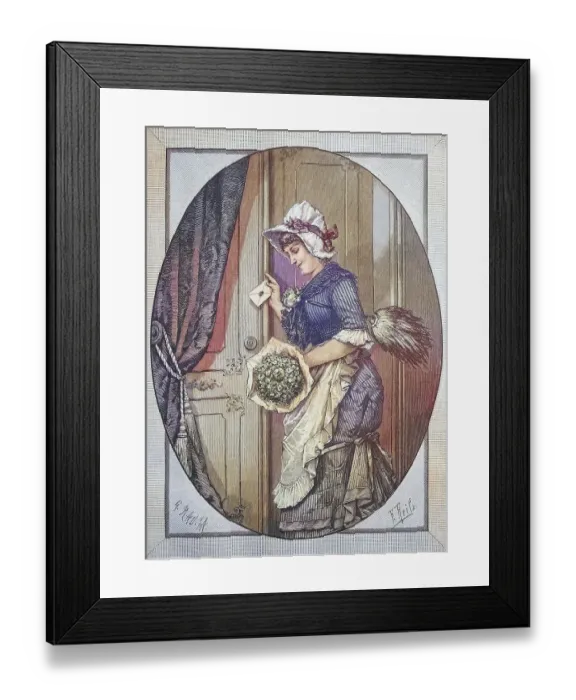 Framed Print : New Years Wish, Chambermaid with Bouquet of Flowers and New Years Greetings at the Door Framed Print : New Years Wish, Chambermaid with Bouquet of Flowers and New Years Greetings at the Door