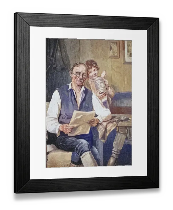 Framed Print : While the father is reading the newspaper