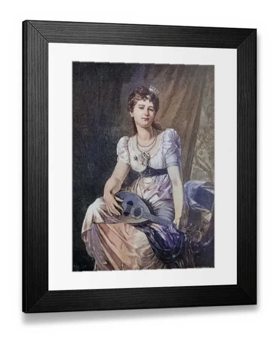 Framed Print : Young elegant woman with a mandolin playing music