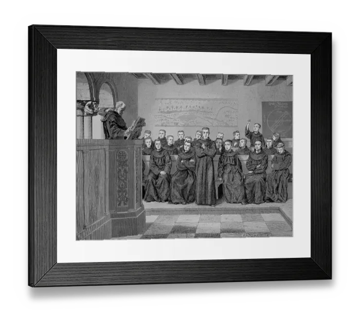 Framed Print : Young monks, novices, teaching in the monastery school in the Middle Ages