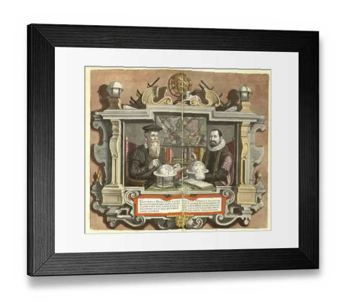Framed Print : Atlas, map from 1623, cartographers Mercator and Hondius with globe