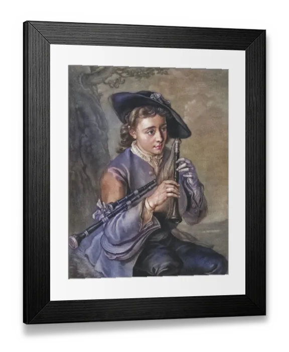 Framed Print : Young man with several flutes, musician