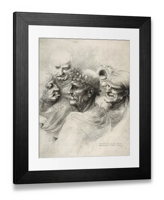 Framed Print : Five grotesque heads, including an elderly man with an oak leaf wreath