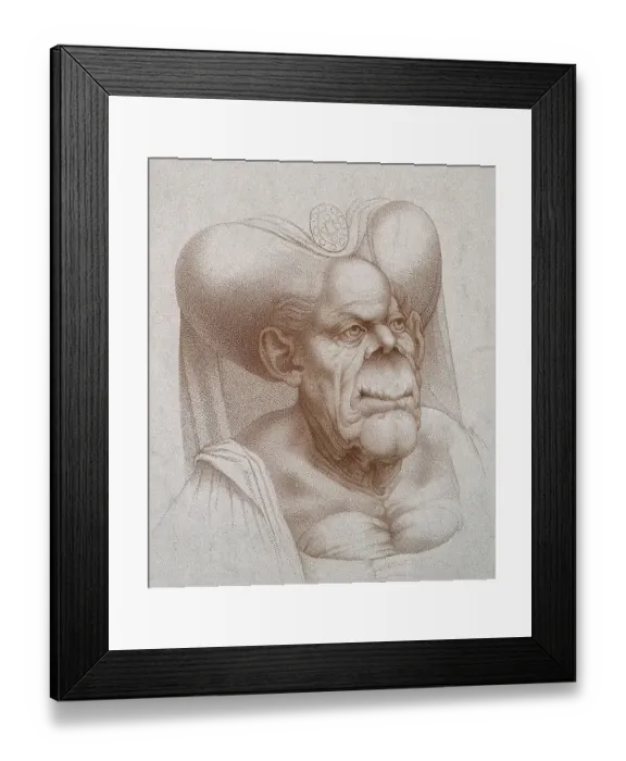 Framed Print : Head and shoulders of a ghastly old woman wearing a bow over a headband Framed Print : Head and shoulders of a ghastly old woman wearing a bow over a headband