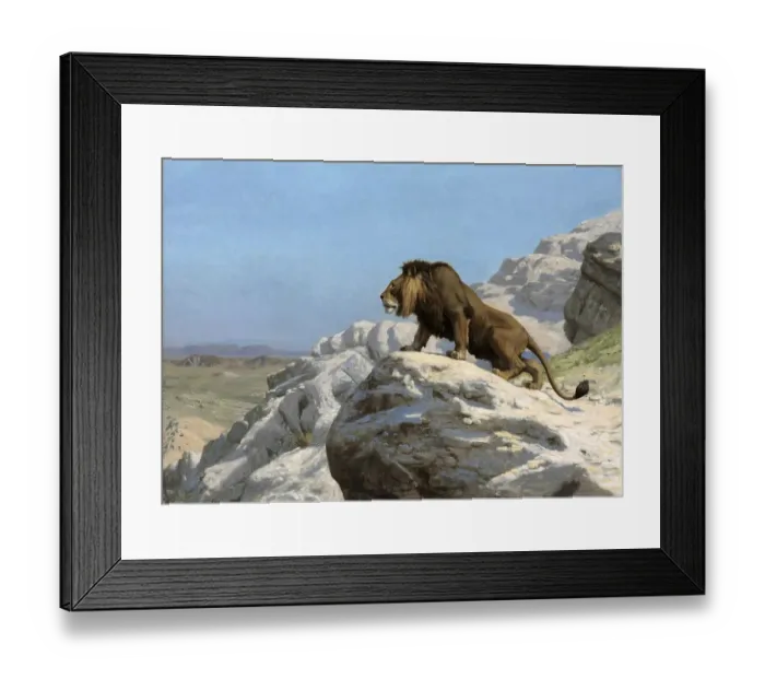 Framed Print : Lion keeping watch on a rock, after a painting by Jean-Leon Gerome Framed Print : Lion keeping watch on a rock, after a painting by Jean-Leon Gerome
