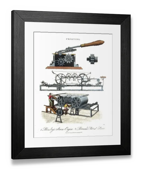 Framed Print : Section and details of the Bramah counter press for banknote production (top)