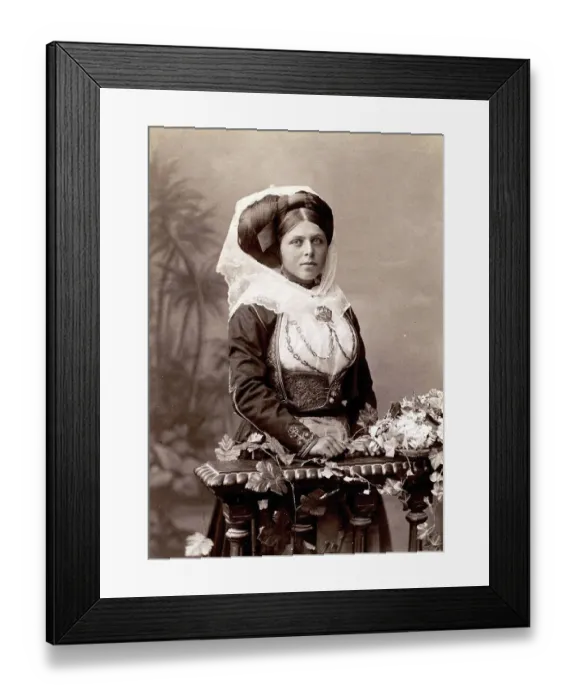Framed Print : Studio portrait of a woman in traditional Greek dress